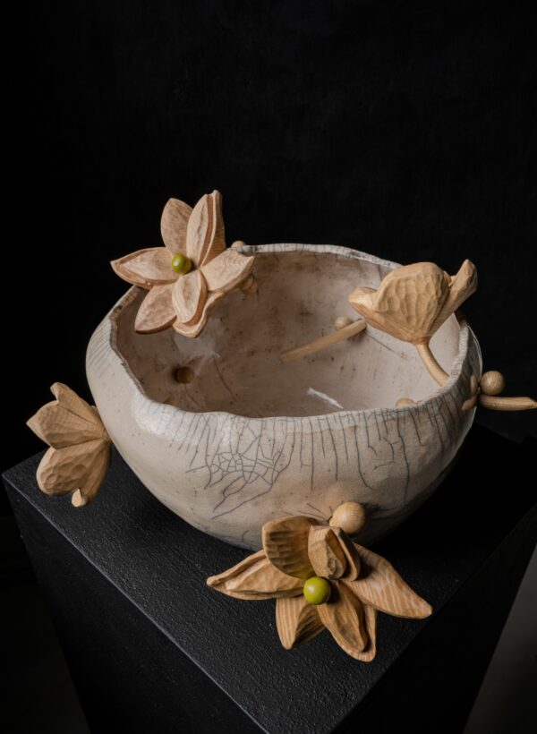 Raku White Vase with Naked Wood Flowers