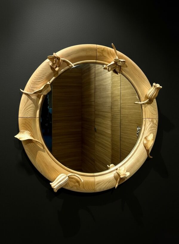 Lucite Round Mirror with Naked Wood Foliage
